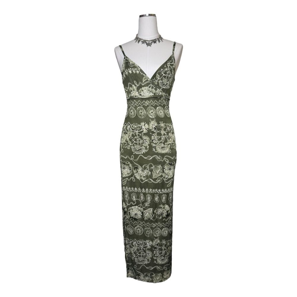Y2K 579 Green Boho Maxi Slit V Neck Dress Size Extra Small